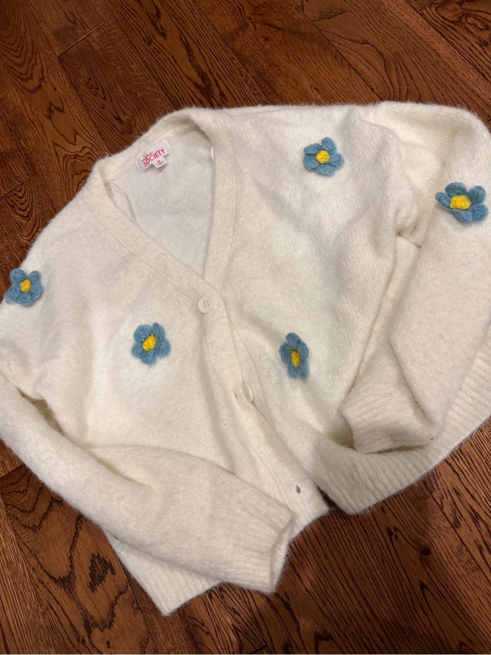 Society Cream V‑Neck Cardigan with Blue & Yellow Floral Appliqués
